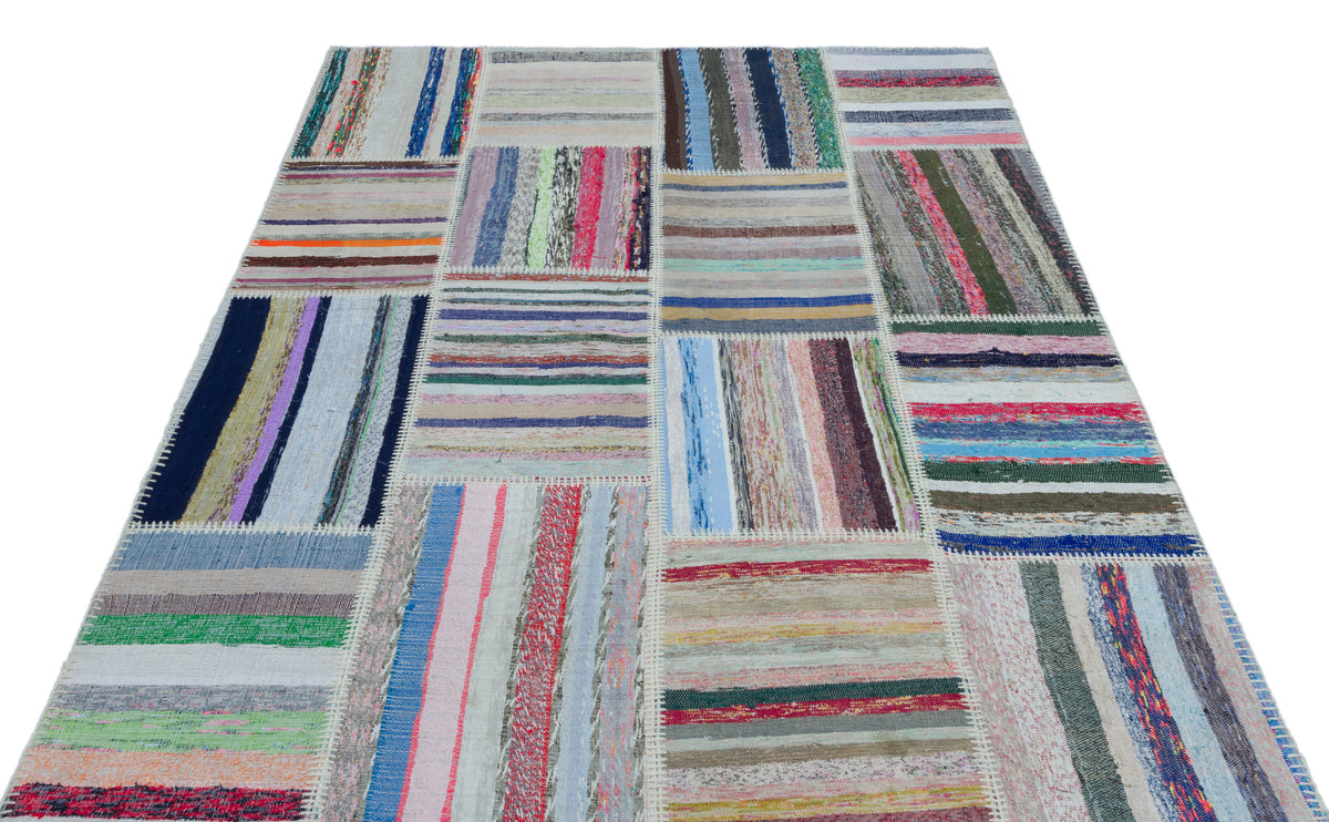 Striped Over Dyed Kilim Patchwork Unique Rug 5&#39;3&#39;&#39; x 7&#39;7&#39;&#39; ft 160 x 230 cm