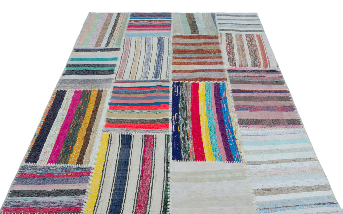 Striped Over Dyed Kilim Patchwork Unique Rug 5&#39;3&#39;&#39; x 7&#39;6&#39;&#39; ft 160 x 228 cm