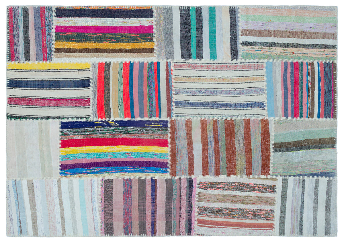 Striped Over Dyed Kilim Patchwork Unique Rug 5&#39;3&#39;&#39; x 7&#39;6&#39;&#39; ft 160 x 228 cm