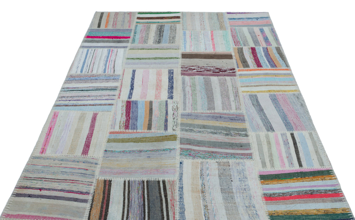 Striped Over Dyed Kilim Patchwork Unique Rug 5&#39;2&#39;&#39; x 7&#39;5&#39;&#39; ft 158 x 227 cm