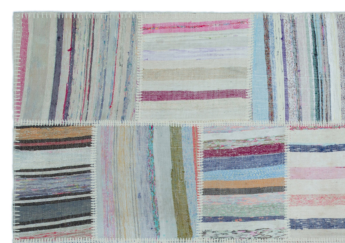 Striped Over Dyed Kilim Patchwork Unique Rug 5&#39;2&#39;&#39; x 7&#39;5&#39;&#39; ft 158 x 227 cm
