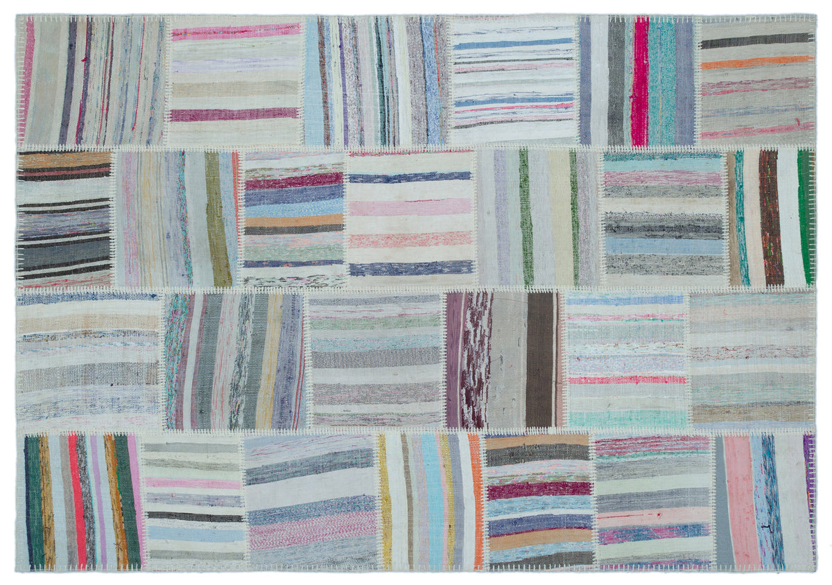 Striped Over Dyed Kilim Patchwork Unique Rug 5&#39;2&#39;&#39; x 7&#39;5&#39;&#39; ft 158 x 227 cm
