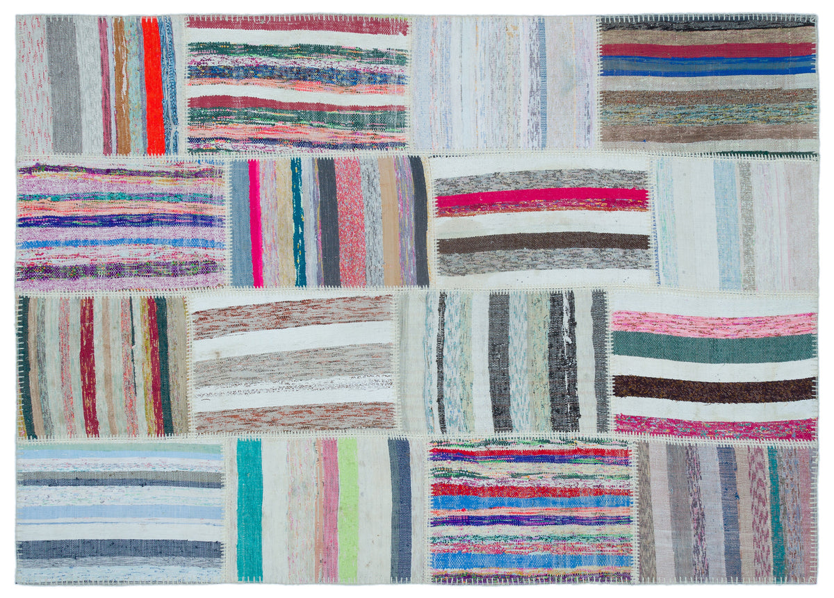 Striped Over Dyed Kilim Patchwork Unique Rug 5&#39;3&#39;&#39; x 7&#39;4&#39;&#39; ft 160 x 224 cm