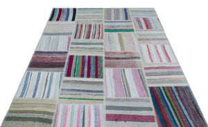 Striped Over Dyed Kilim Patchwork Unique Rug 5'3'' x 7'5'' ft 160 x 226 cm