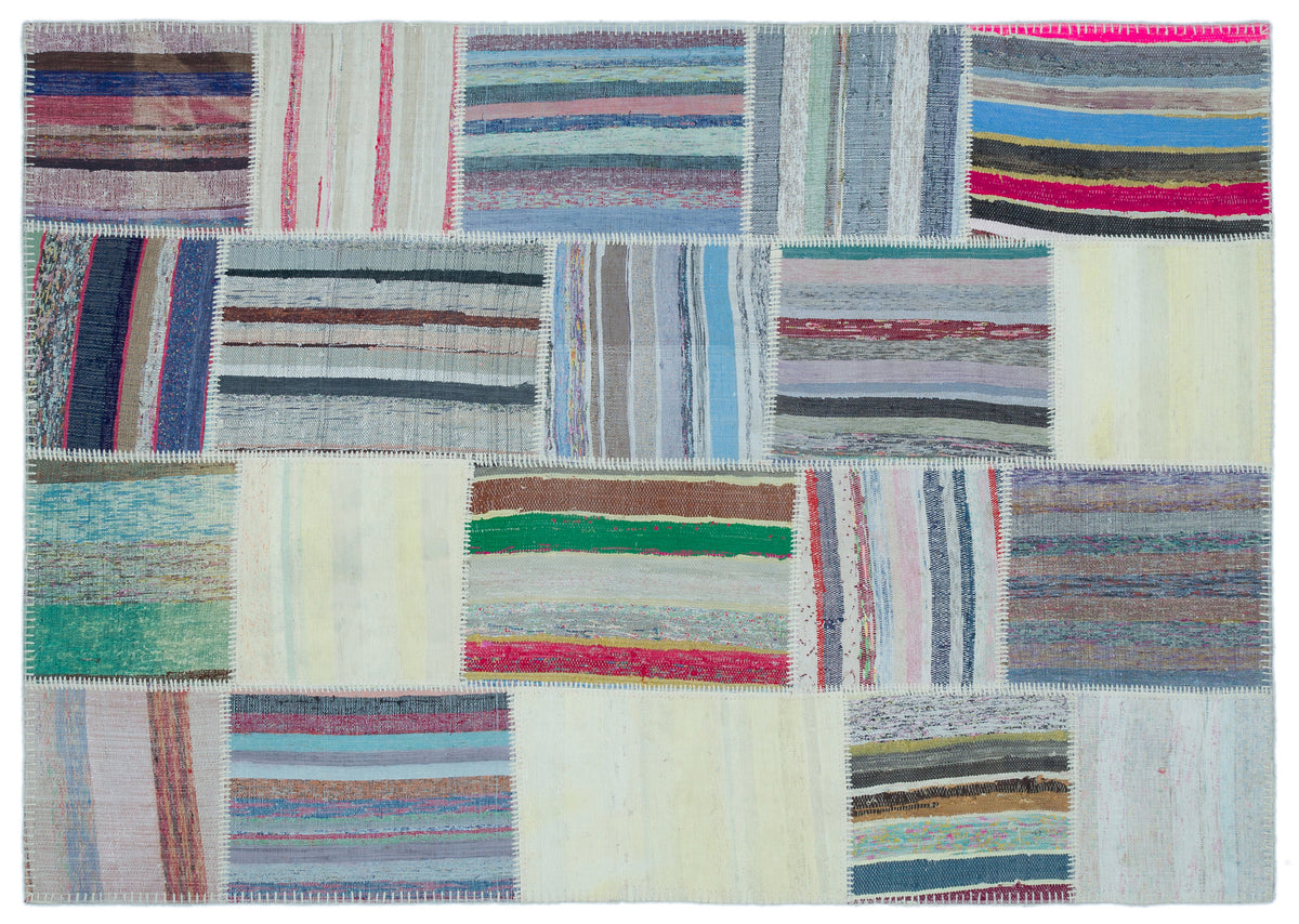 Striped Over Dyed Kilim Patchwork Unique Rug 5&#39;3&#39;&#39; x 7&#39;4&#39;&#39; ft 160 x 224 cm