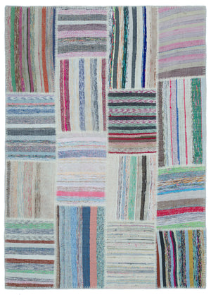 Striped Over Dyed Kilim Patchwork Unique Rug 5'3'' x 7'5'' ft 160 x 226 cm