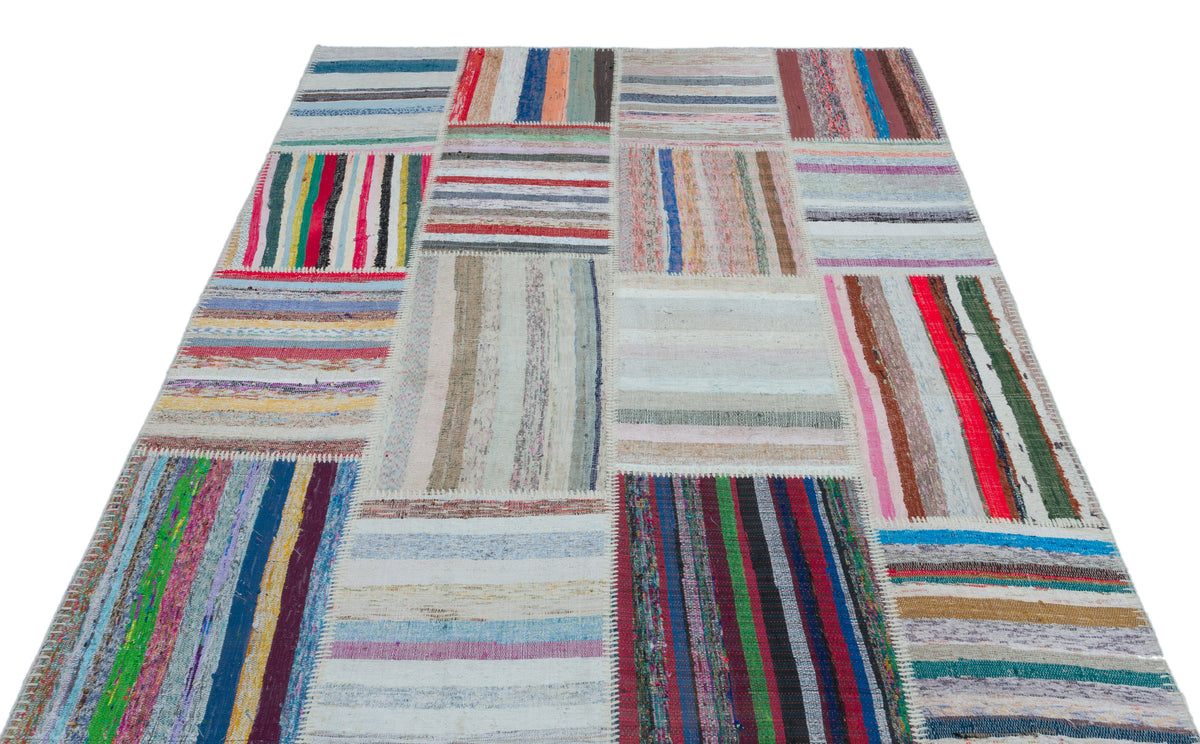 Striped Over Dyed Kilim Patchwork Unique Rug 5&#39;3&#39;&#39; x 7&#39;4&#39;&#39; ft 160 x 224 cm