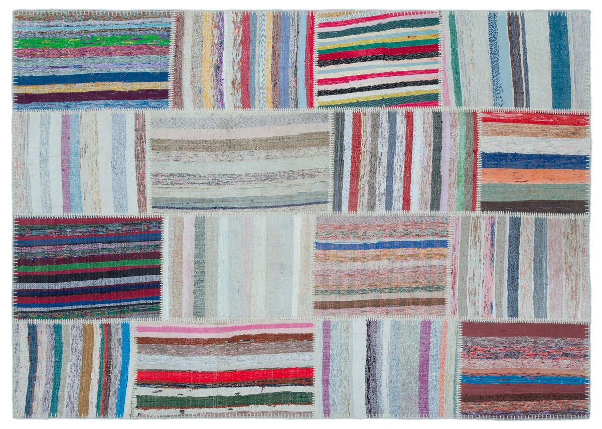 Striped Over Dyed Kilim Patchwork Unique Rug 5&#39;3&#39;&#39; x 7&#39;4&#39;&#39; ft 160 x 224 cm