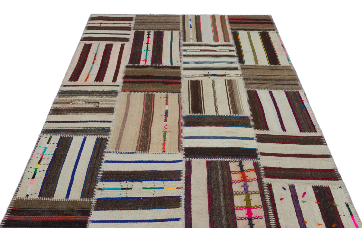 Striped Over Dyed Kilim Patchwork Unique Rug 5&#39;2&#39;&#39; x 7&#39;7&#39;&#39; ft 157 x 230 cm