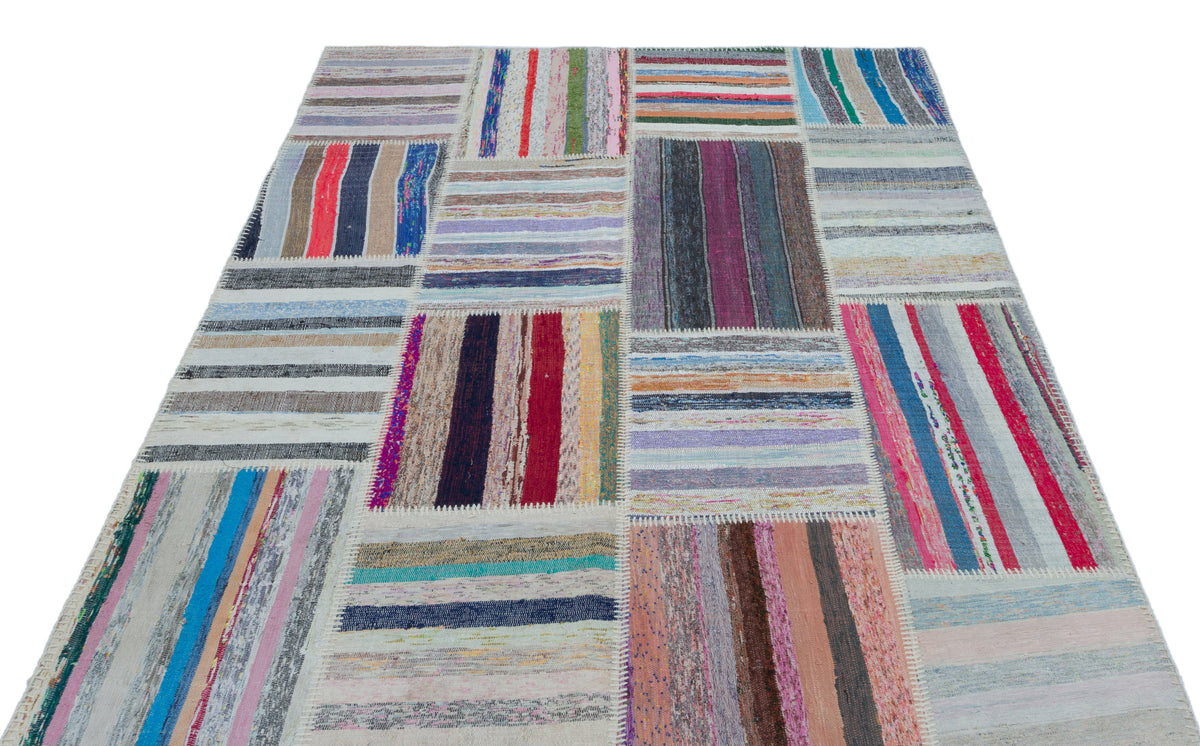 Striped Over Dyed Kilim Patchwork Unique Rug 5&#39;1&#39;&#39; x 7&#39;3&#39;&#39; ft 156 x 220 cm