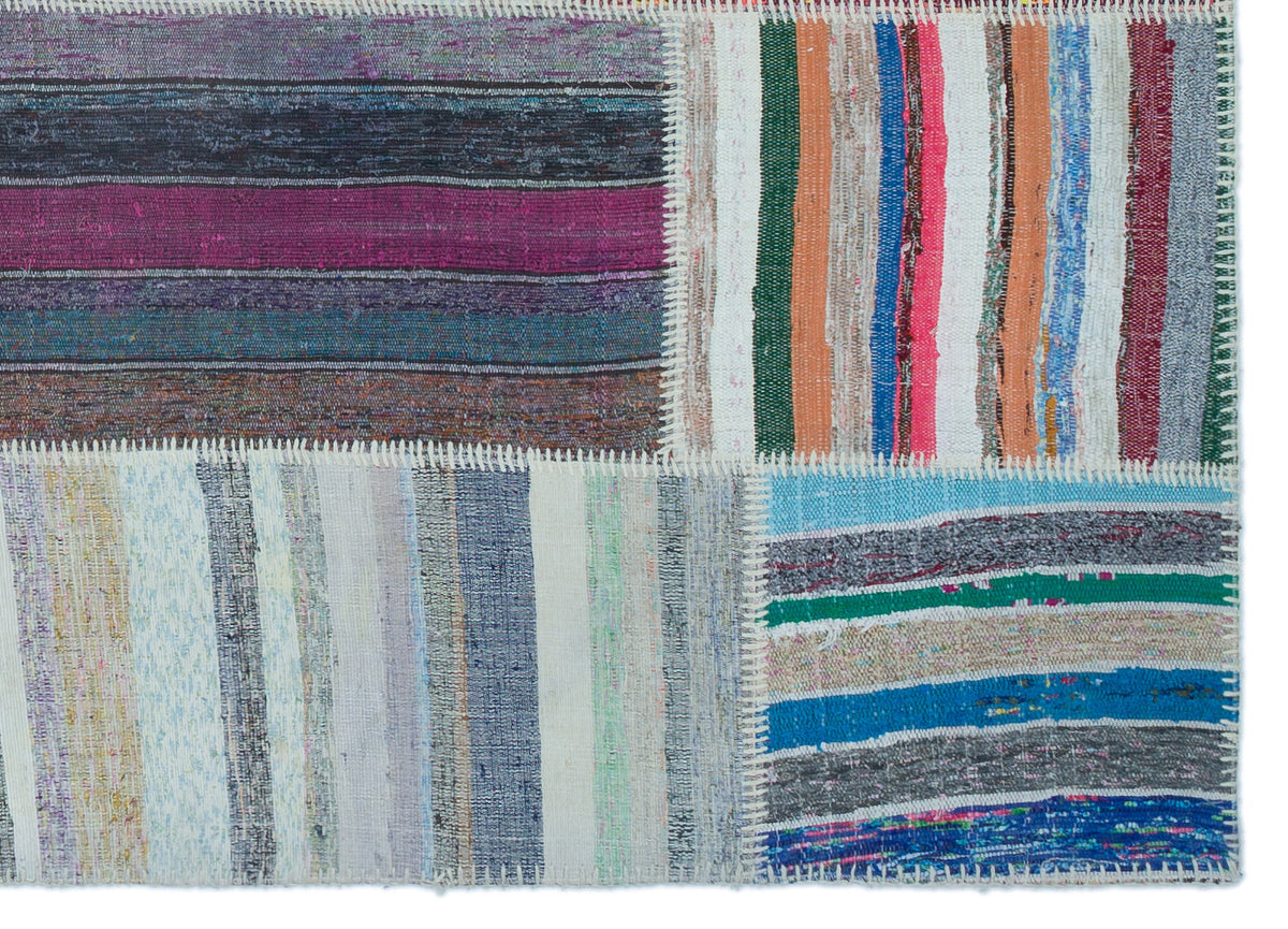 Striped Over Dyed Kilim Patchwork Unique Rug 5&#39;1&#39;&#39; x 7&#39;3&#39;&#39; ft 156 x 220 cm