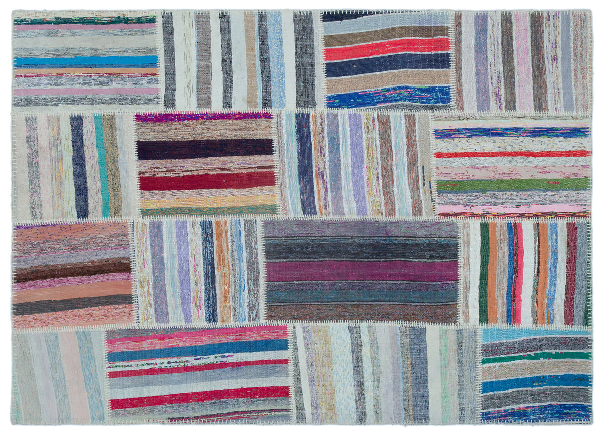 Striped Over Dyed Kilim Patchwork Unique Rug 5&#39;1&#39;&#39; x 7&#39;3&#39;&#39; ft 156 x 220 cm