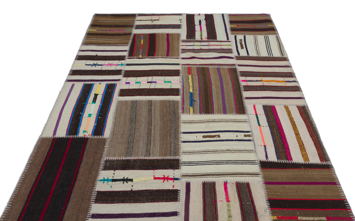 Striped Over Dyed Kilim Patchwork Unique Rug 5&#39;2&#39;&#39; x 7&#39;7&#39;&#39; ft 158 x 230 cm