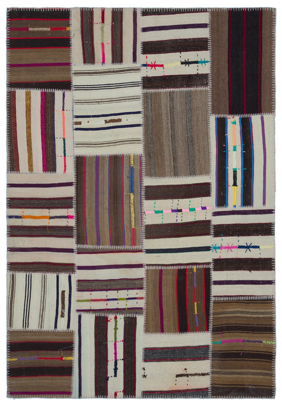 Striped Over Dyed Kilim Patchwork Unique Rug 5&#39;2&#39;&#39; x 7&#39;7&#39;&#39; ft 158 x 230 cm