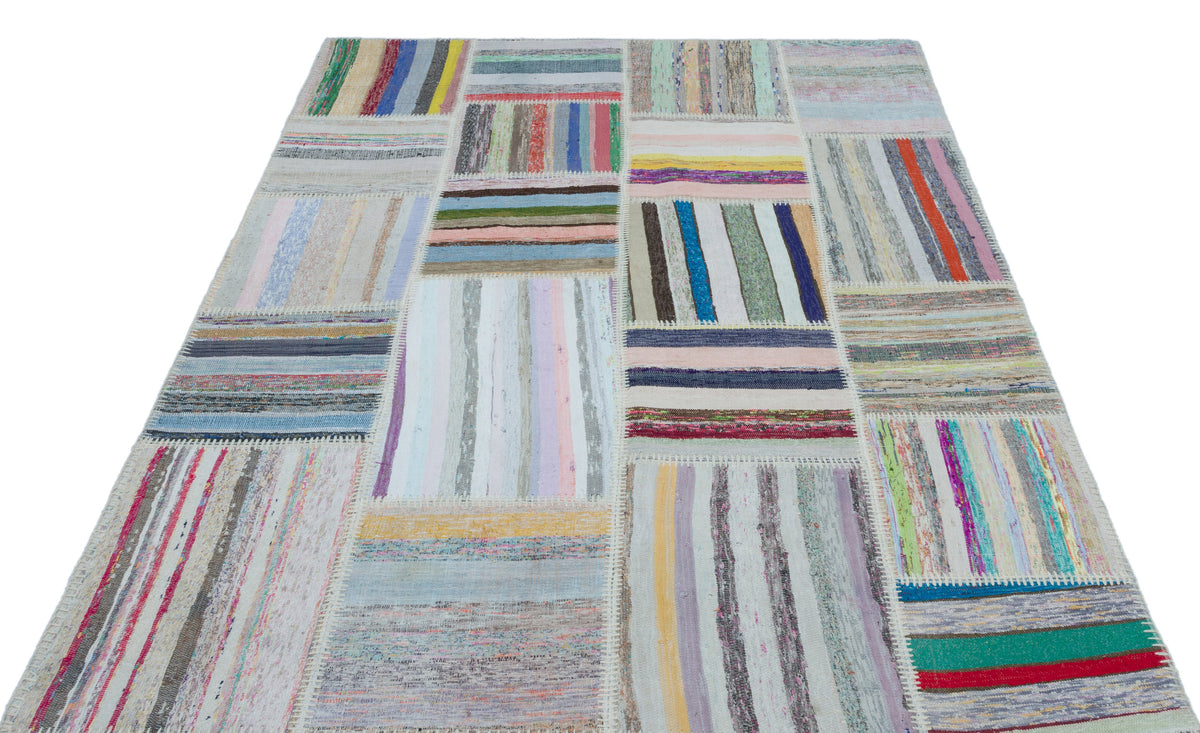 Striped Over Dyed Kilim Patchwork Unique Rug 5&#39;3&#39;&#39; x 7&#39;4&#39;&#39; ft 160 x 224 cm
