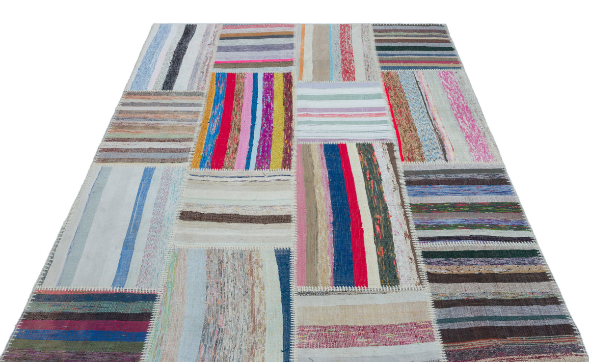 Striped Over Dyed Kilim Patchwork Unique Rug 5&#39;3&#39;&#39; x 7&#39;4&#39;&#39; ft 160 x 224 cm