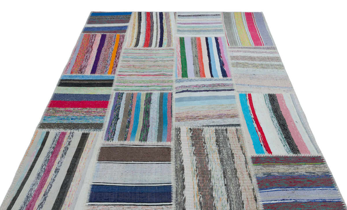 Striped Over Dyed Kilim Patchwork Unique Rug 5&#39;3&#39;&#39; x 7&#39;5&#39;&#39; ft 160 x 227 cm