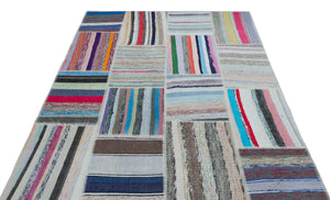 Striped Over Dyed Kilim Patchwork Unique Rug 5'3'' x 7'5'' ft 160 x 227 cm
