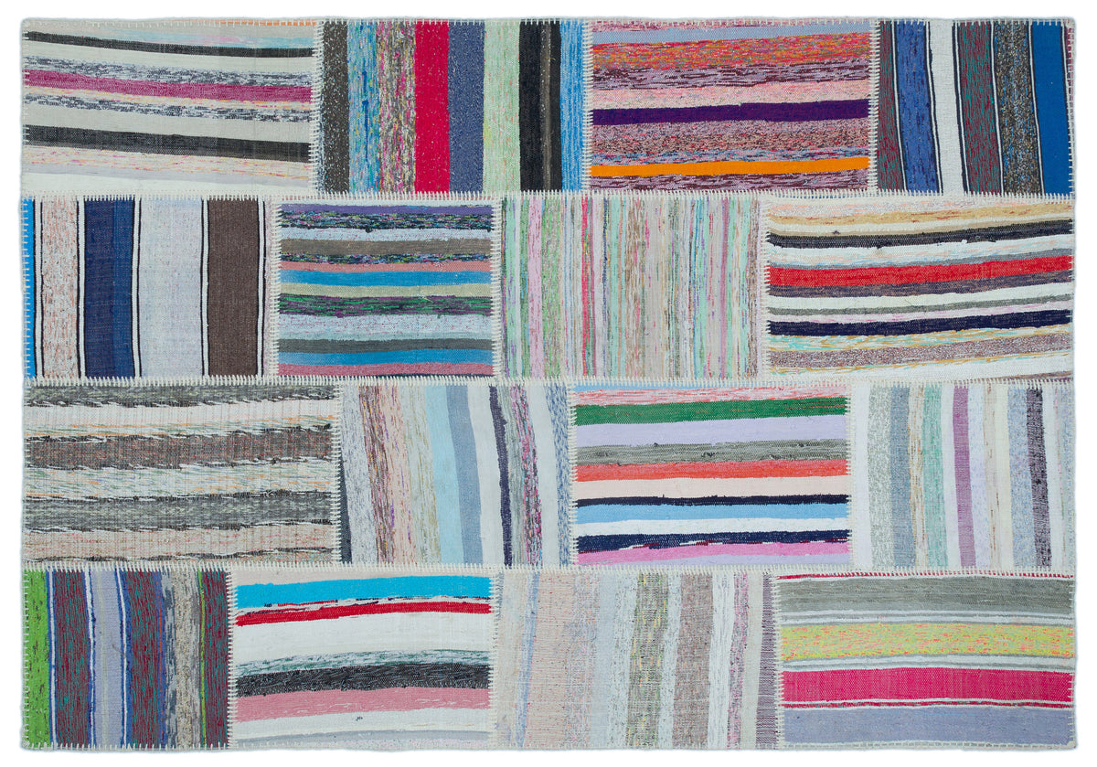 Striped Over Dyed Kilim Patchwork Unique Rug 5&#39;3&#39;&#39; x 7&#39;5&#39;&#39; ft 160 x 227 cm