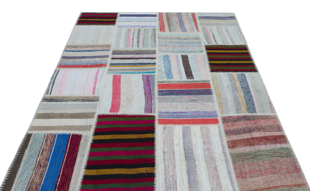 Striped Over Dyed Kilim Patchwork Unique Rug 5&#39;3&#39;&#39; x 7&#39;4&#39;&#39; ft 160 x 223 cm