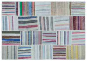 Striped Over Dyed Kilim Patchwork Unique Rug 5'3'' x 7'7'' ft 160 x 230 cm