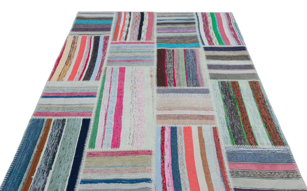 Striped Over Dyed Kilim Patchwork Unique Rug 5&#39;3&#39;&#39; x 7&#39;5&#39;&#39; ft 160 x 225 cm
