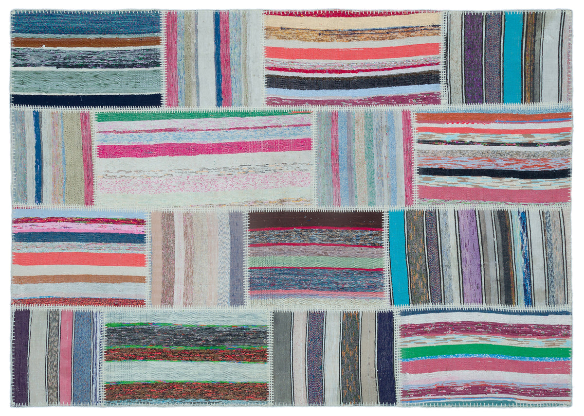 Striped Over Dyed Kilim Patchwork Unique Rug 5&#39;3&#39;&#39; x 7&#39;5&#39;&#39; ft 160 x 225 cm