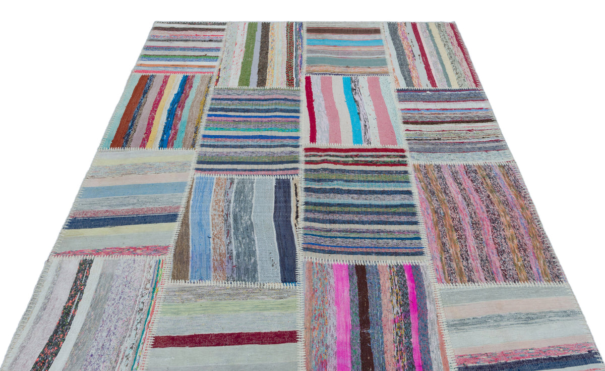 Striped Over Dyed Kilim Patchwork Unique Rug 5&#39;3&#39;&#39; x 7&#39;5&#39;&#39; ft 160 x 225 cm
