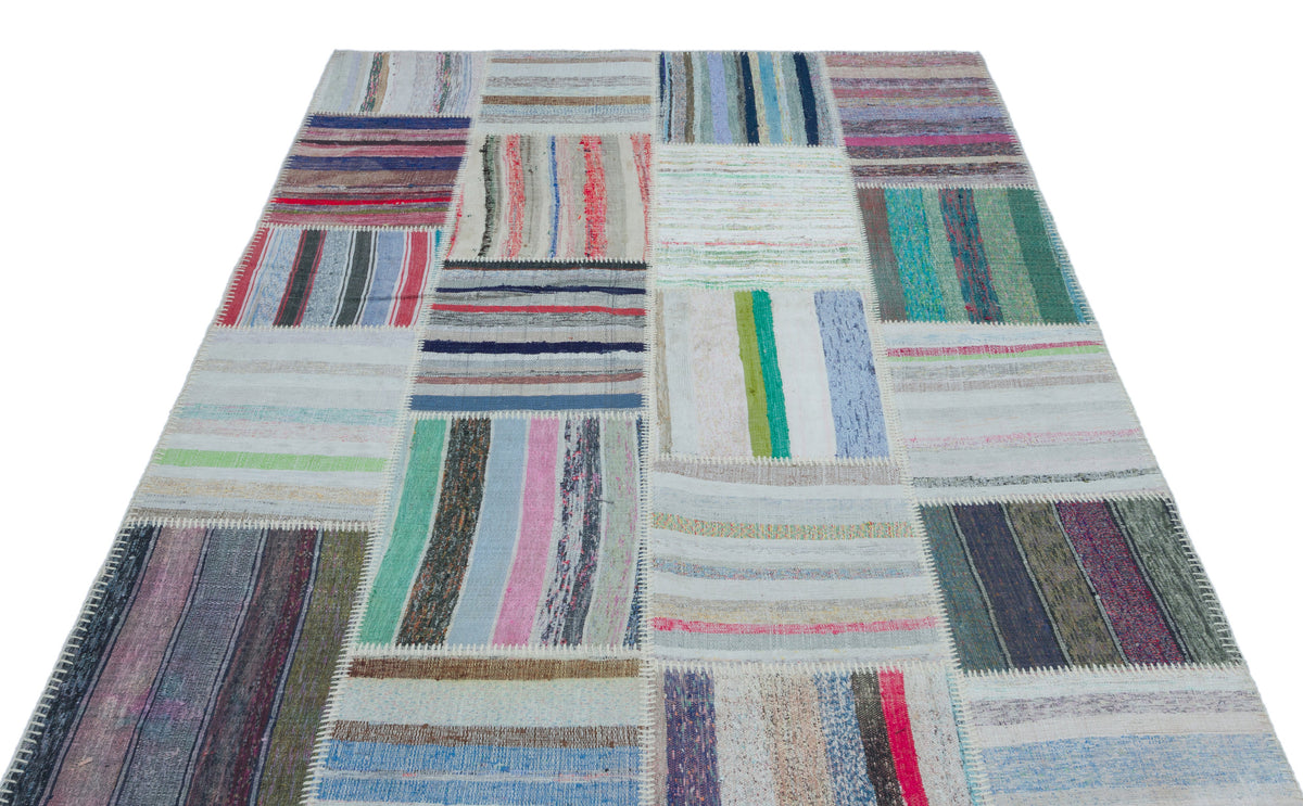 Striped Over Dyed Kilim Patchwork Unique Rug 5&#39;3&#39;&#39; x 7&#39;6&#39;&#39; ft 160 x 228 cm