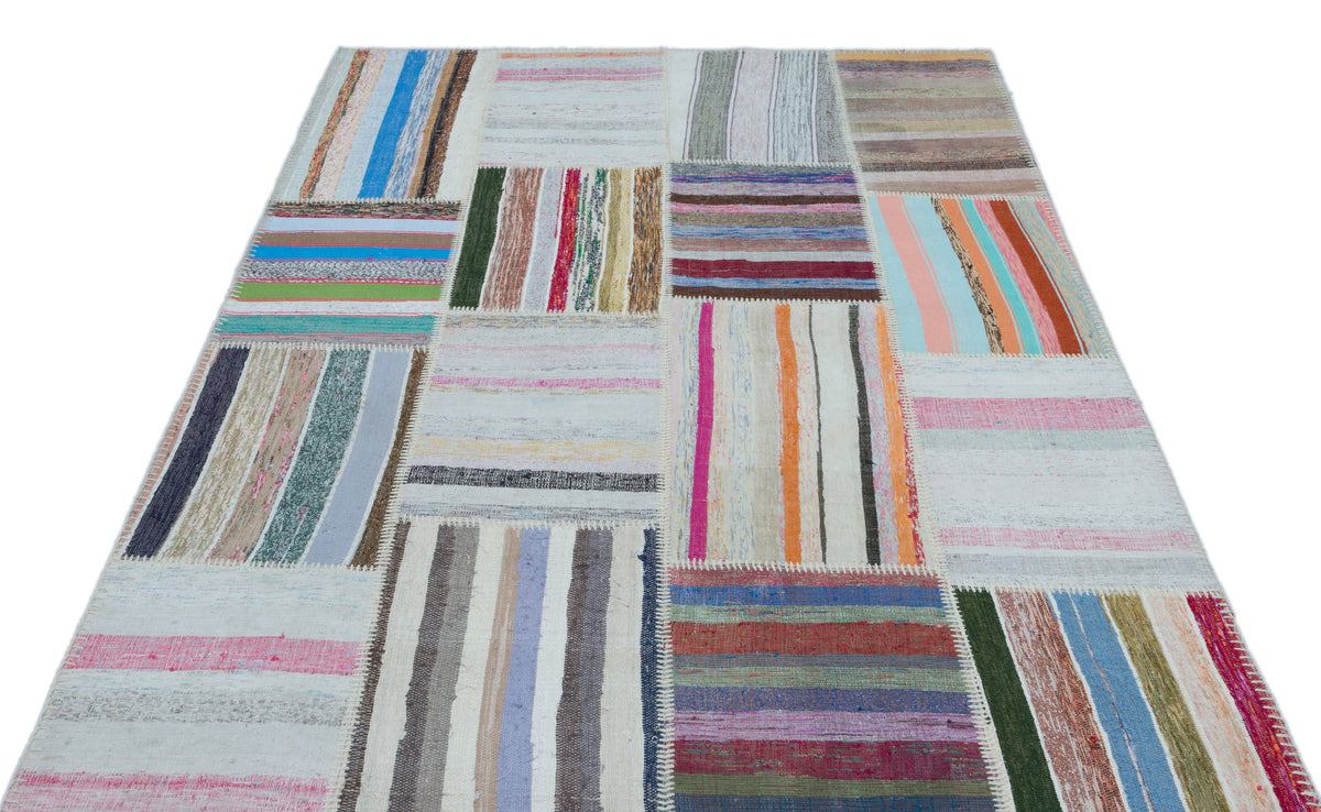 Striped Over Dyed Kilim Patchwork Unique Rug 5&#39;3&#39;&#39; x 7&#39;7&#39;&#39; ft 160 x 230 cm