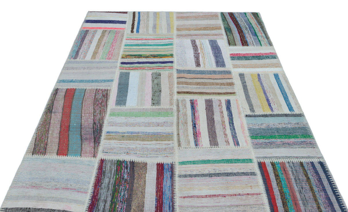 Striped Over Dyed Kilim Patchwork Unique Rug 5&#39;3&#39;&#39; x 7&#39;6&#39;&#39; ft 160 x 228 cm