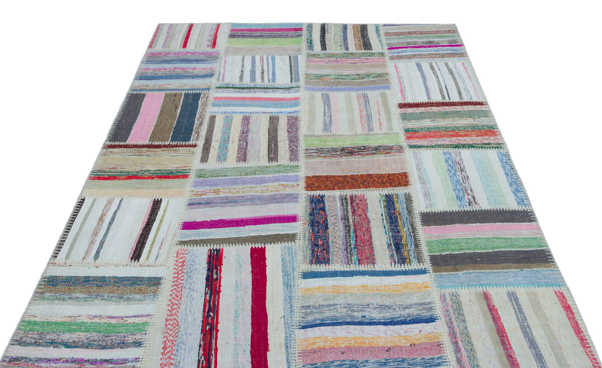Striped Over Dyed Kilim Patchwork Unique Rug 5&#39;3&#39;&#39; x 7&#39;5&#39;&#39; ft 160 x 225 cm