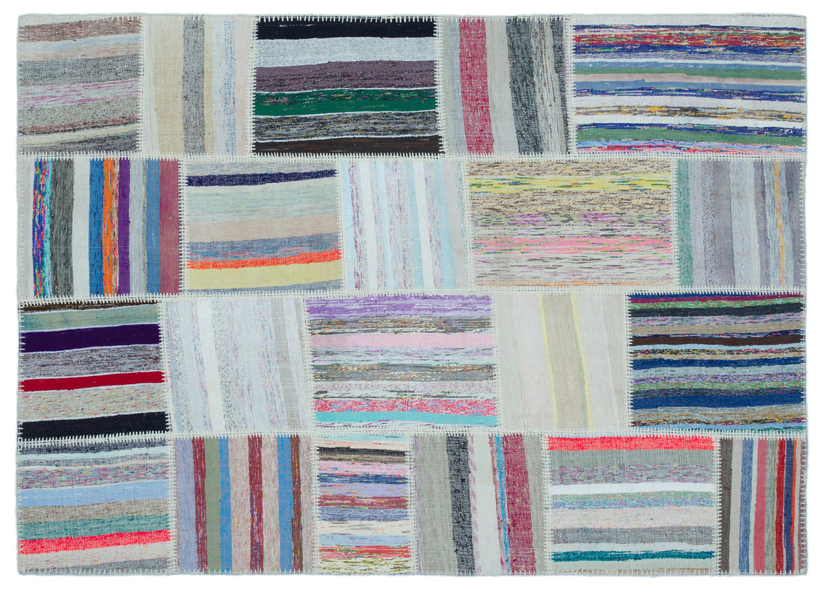 Striped Over Dyed Kilim Patchwork Unique Rug 5&#39;3&#39;&#39; x 7&#39;4&#39;&#39; ft 160 x 223 cm