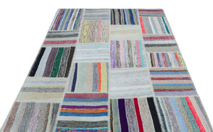 Striped Over Dyed Kilim Patchwork Unique Rug 5'3'' x 7'4'' ft 160 x 223 cm