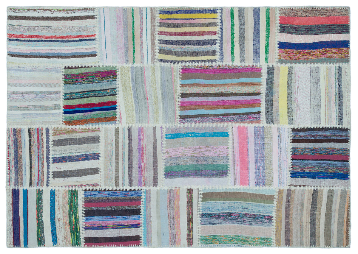 Striped Over Dyed Kilim Patchwork Unique Rug 5&#39;3&#39;&#39; x 7&#39;5&#39;&#39; ft 160 x 227 cm