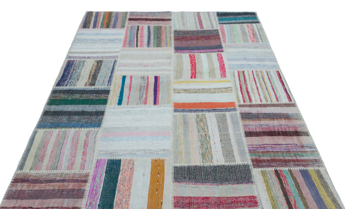 Striped Over Dyed Kilim Patchwork Unique Rug 5&#39;3&#39;&#39; x 7&#39;6&#39;&#39; ft 160 x 228 cm