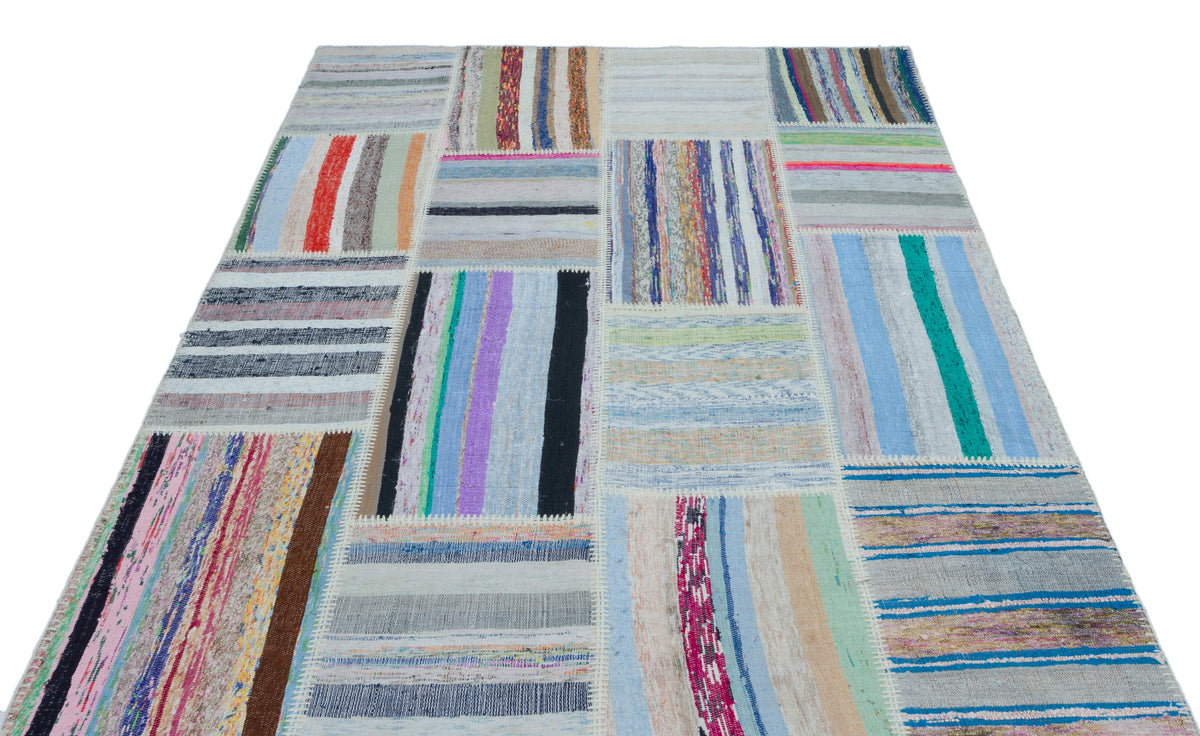 Striped Over Dyed Kilim Patchwork Unique Rug 5&#39;3&#39;&#39; x 7&#39;5&#39;&#39; ft 160 x 225 cm