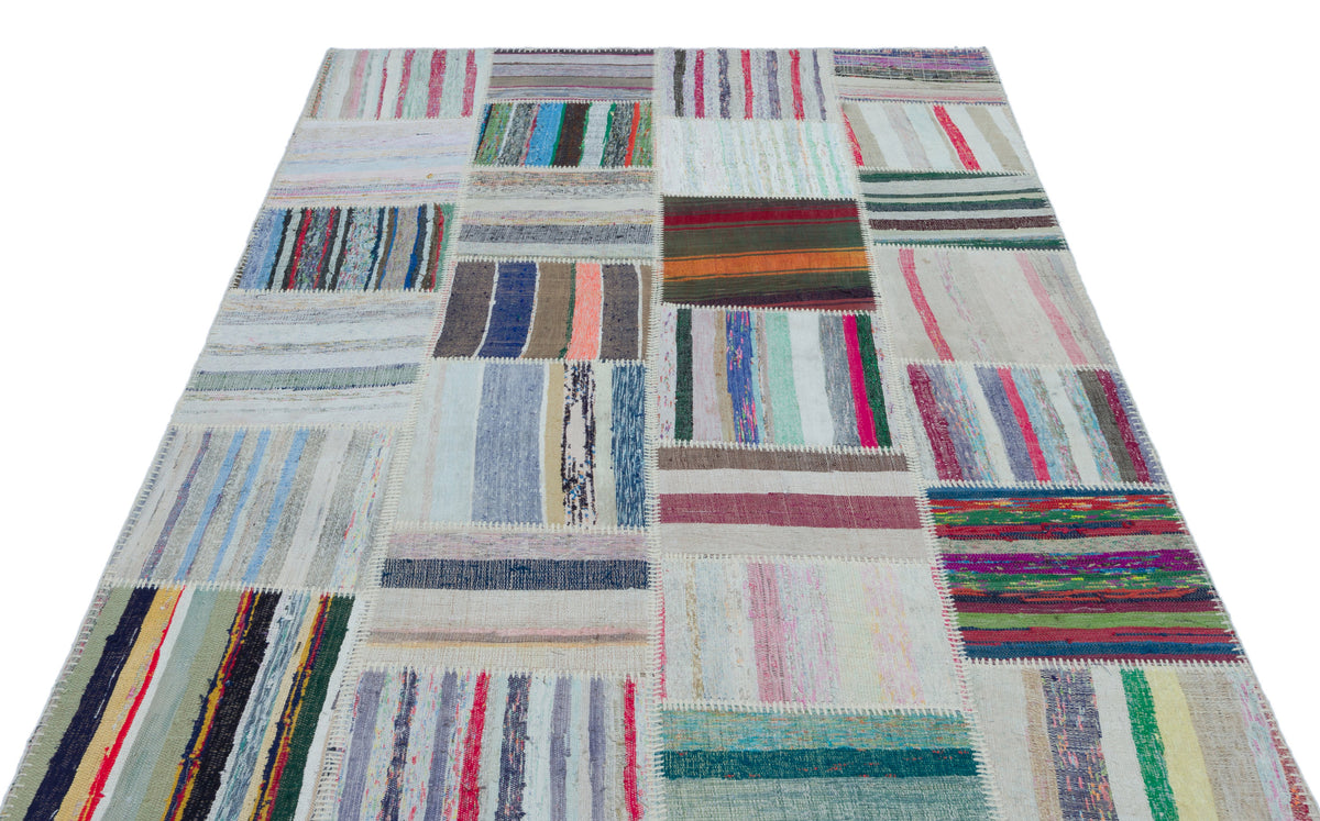 Striped Over Dyed Kilim Patchwork Unique Rug 5&#39;3&#39;&#39; x 7&#39;5&#39;&#39; ft 160 x 225 cm