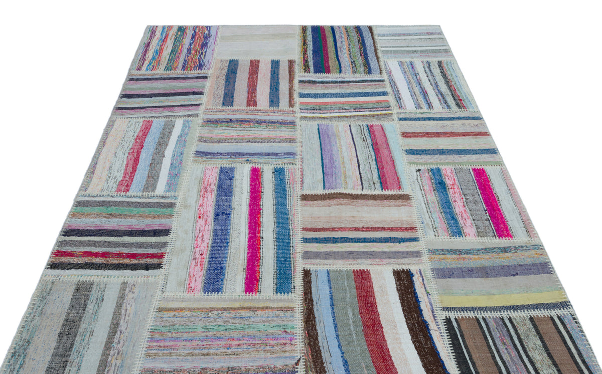 Striped Over Dyed Kilim Patchwork Unique Rug 5&#39;3&#39;&#39; x 7&#39;5&#39;&#39; ft 160 x 226 cm