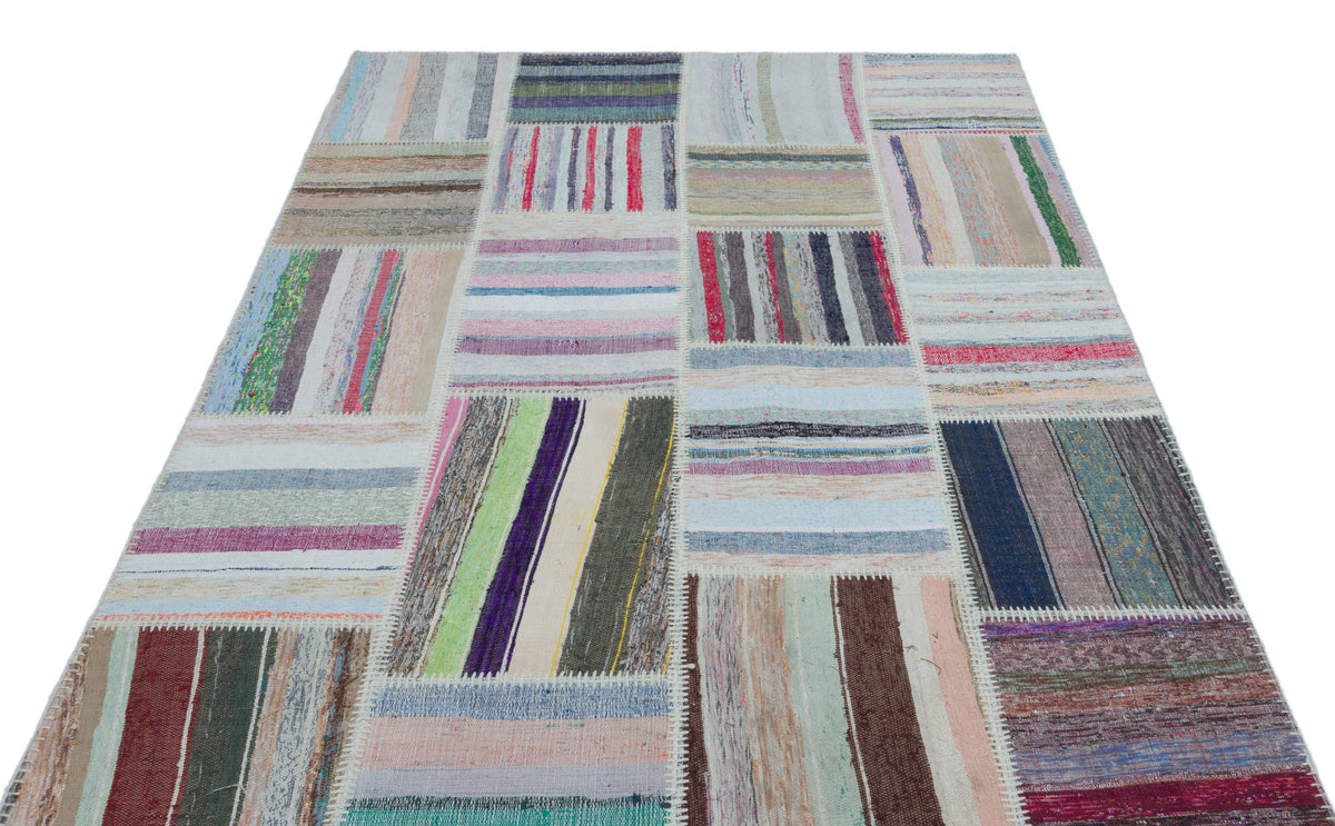 Striped Over Dyed Kilim Patchwork Unique Rug 5&#39;3&#39;&#39; x 7&#39;6&#39;&#39; ft 160 x 228 cm