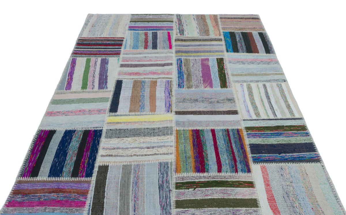 Striped Over Dyed Kilim Patchwork Unique Rug 5&#39;3&#39;&#39; x 7&#39;4&#39;&#39; ft 160 x 224 cm