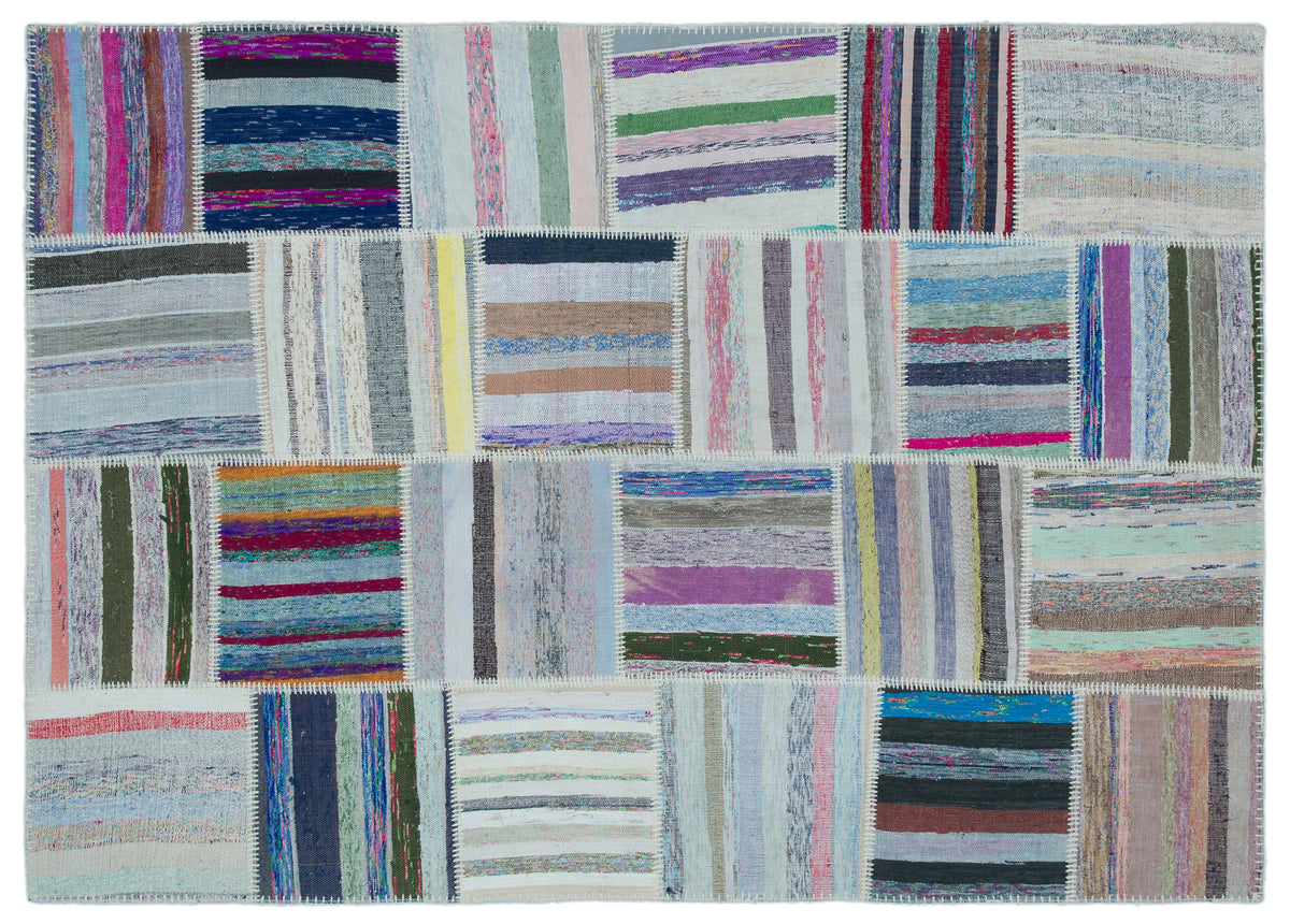 Striped Over Dyed Kilim Patchwork Unique Rug 5&#39;3&#39;&#39; x 7&#39;4&#39;&#39; ft 160 x 224 cm