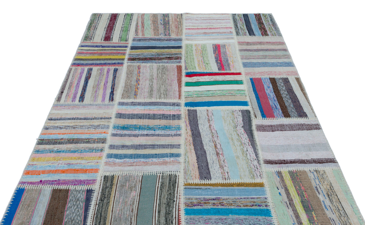 Striped Over Dyed Kilim Patchwork Unique Rug 5&#39;3&#39;&#39; x 7&#39;6&#39;&#39; ft 160 x 228 cm