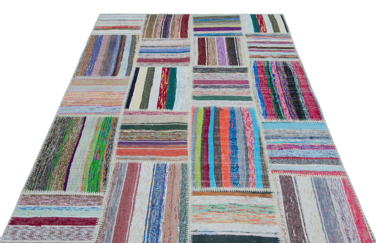 Striped Over Dyed Kilim Patchwork Unique Rug 5&#39;1&#39;&#39; x 7&#39;6&#39;&#39; ft 154 x 228 cm
