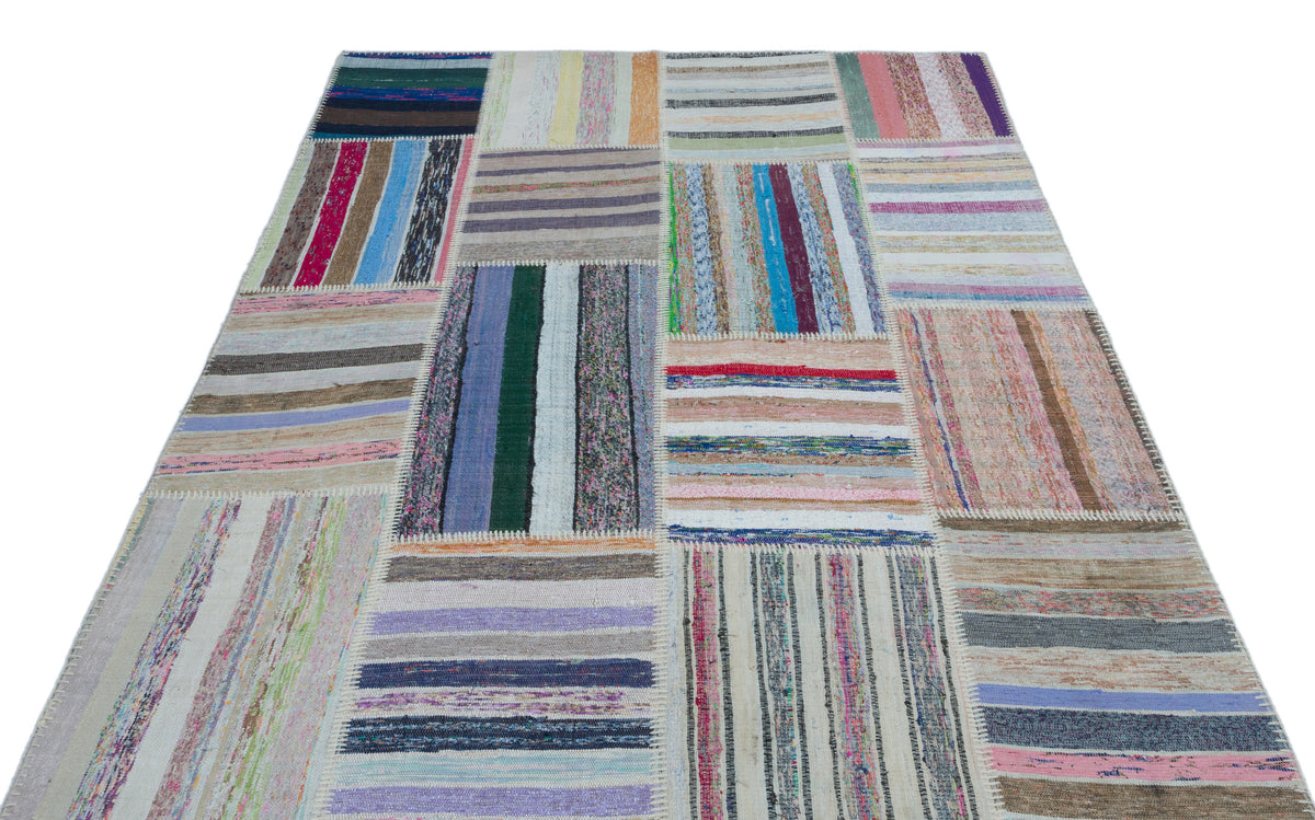 Striped Over Dyed Kilim Patchwork Unique Rug 5&#39;3&#39;&#39; x 7&#39;4&#39;&#39; ft 160 x 224 cm