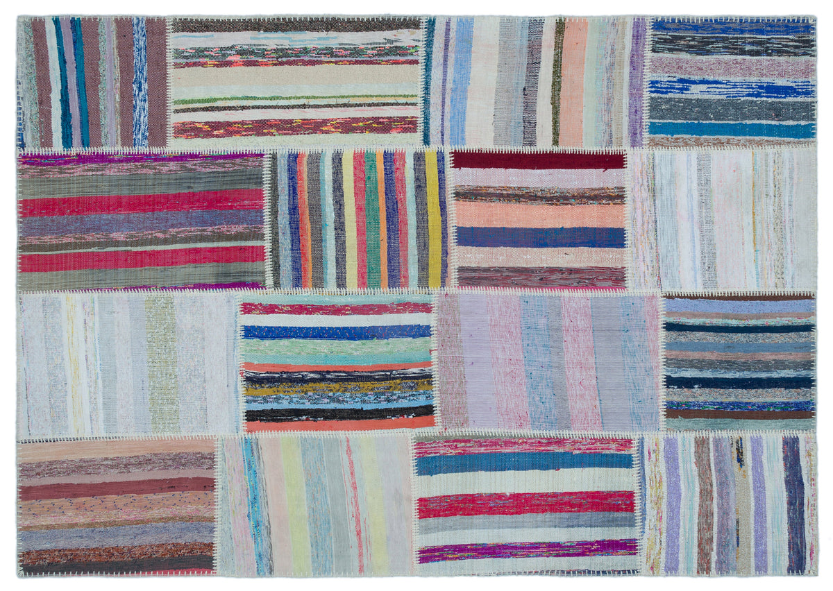 Striped Over Dyed Kilim Patchwork Unique Rug 5&#39;3&#39;&#39; x 7&#39;5&#39;&#39; ft 160 x 227 cm