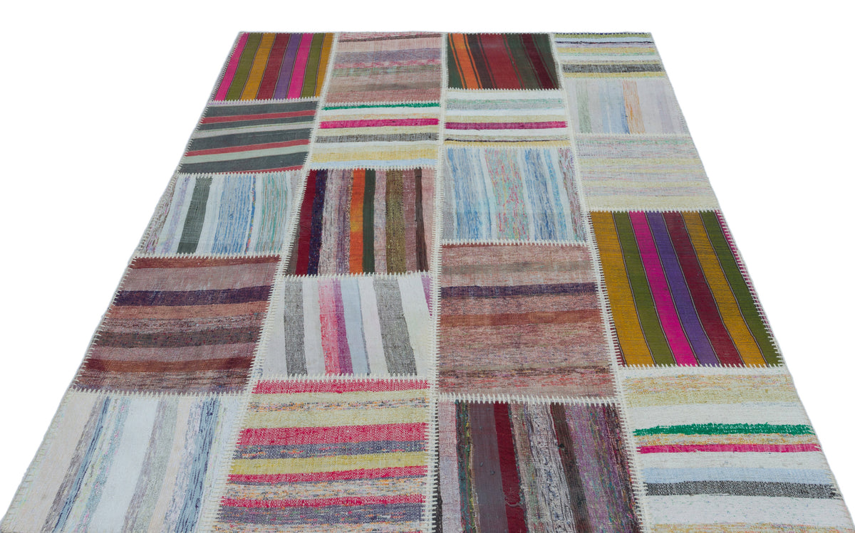 Striped Over Dyed Kilim Patchwork Unique Rug 5&#39;3&#39;&#39; x 7&#39;5&#39;&#39; ft 160 x 225 cm