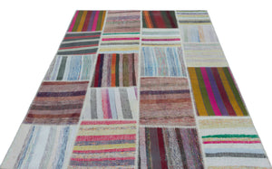 Striped Over Dyed Kilim Patchwork Unique Rug 5'3'' x 7'5'' ft 160 x 225 cm
