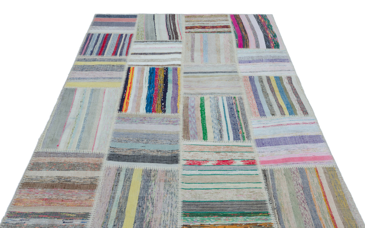 Striped Over Dyed Kilim Patchwork Unique Rug 5&#39;3&#39;&#39; x 7&#39;4&#39;&#39; ft 160 x 224 cm