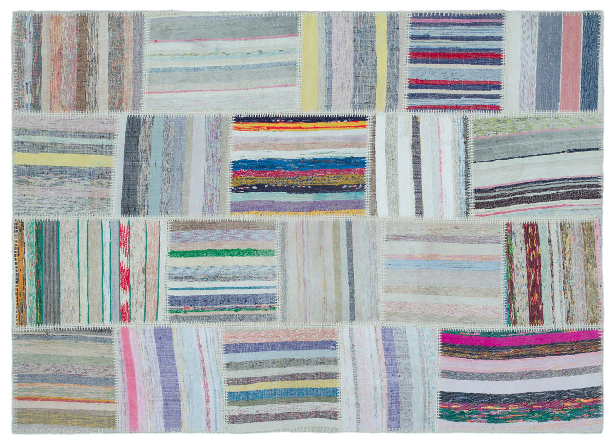 Striped Over Dyed Kilim Patchwork Unique Rug 5&#39;3&#39;&#39; x 7&#39;4&#39;&#39; ft 160 x 224 cm
